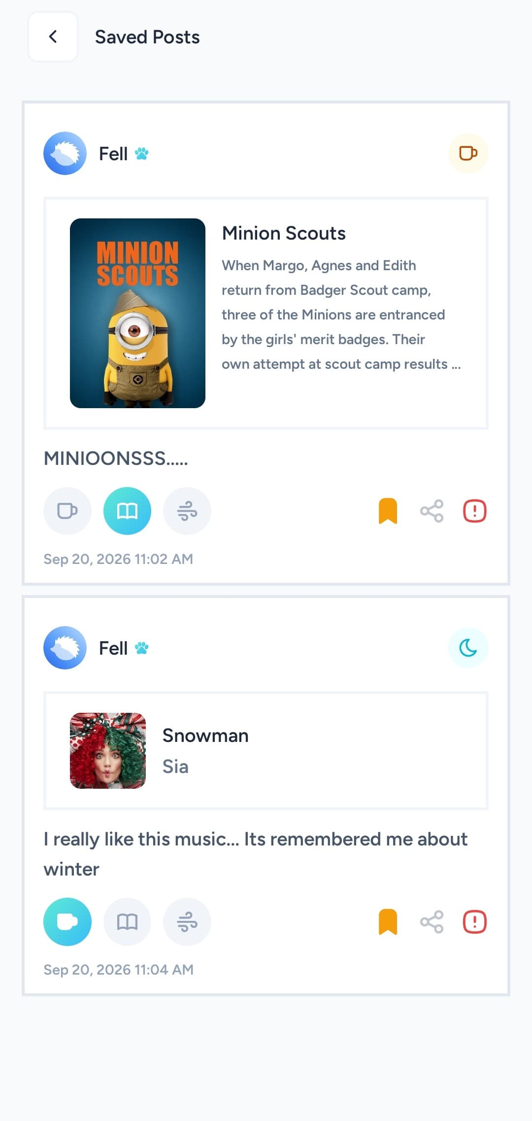 QuietSpace saved posts screen